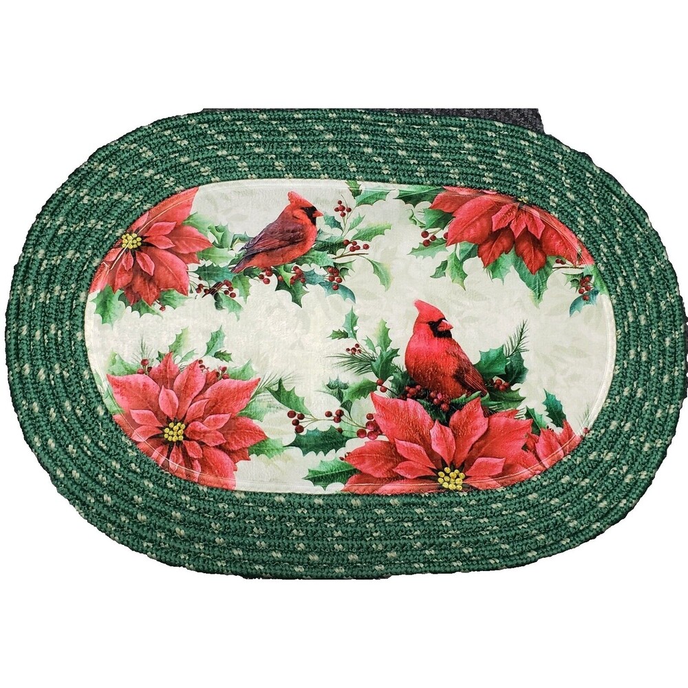 Oval Braided Kitchen Accent Rug(20"x30")CHRISTMAS POINSETTIA & CARDINAL BIRDS,CE